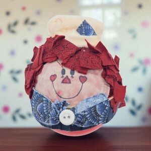 Smiling Raggedy Ann Handmade Rag Doll Ornament with Red and Blue Accents